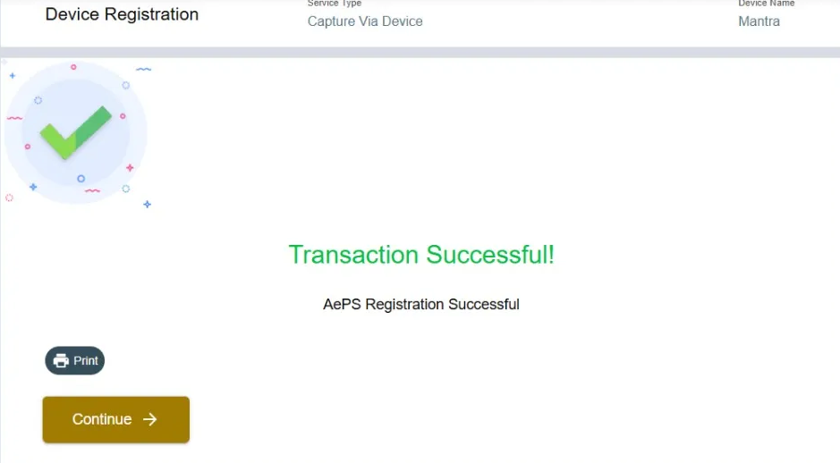 Aeps/AadhaarPay Successful Registration Screen